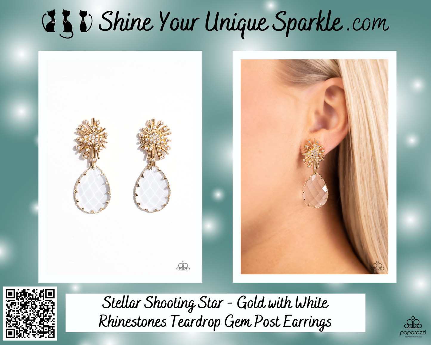 Stellar Shooting Star - Gold with White Rhinestones Teardrop Gem Post Earrings