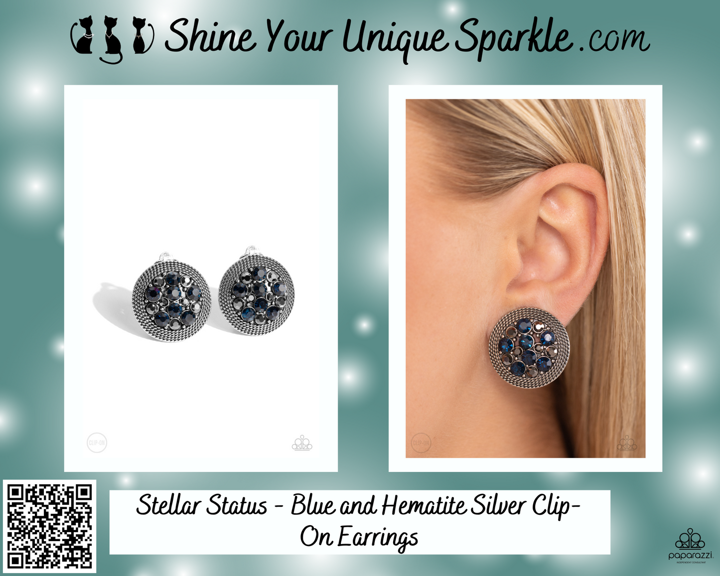 Stellar Status - Blue and Hematite Silver Clip-On Earrings