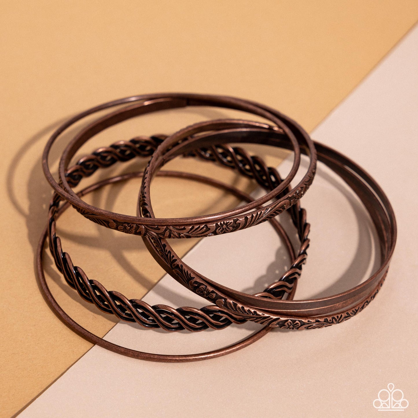 Stockpiled Shimmer - Copper Textured Bangle Bracelet Set