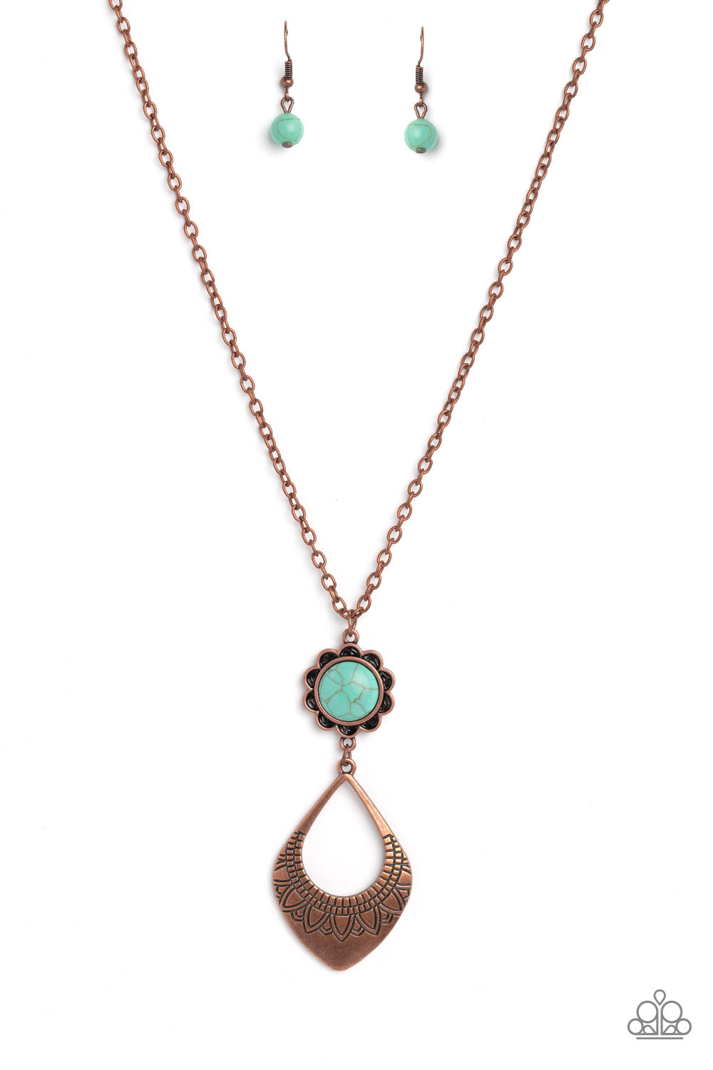 Stone TOLL - Copper with Turquoise Crackle Stone Pendant Silver Long Necklace