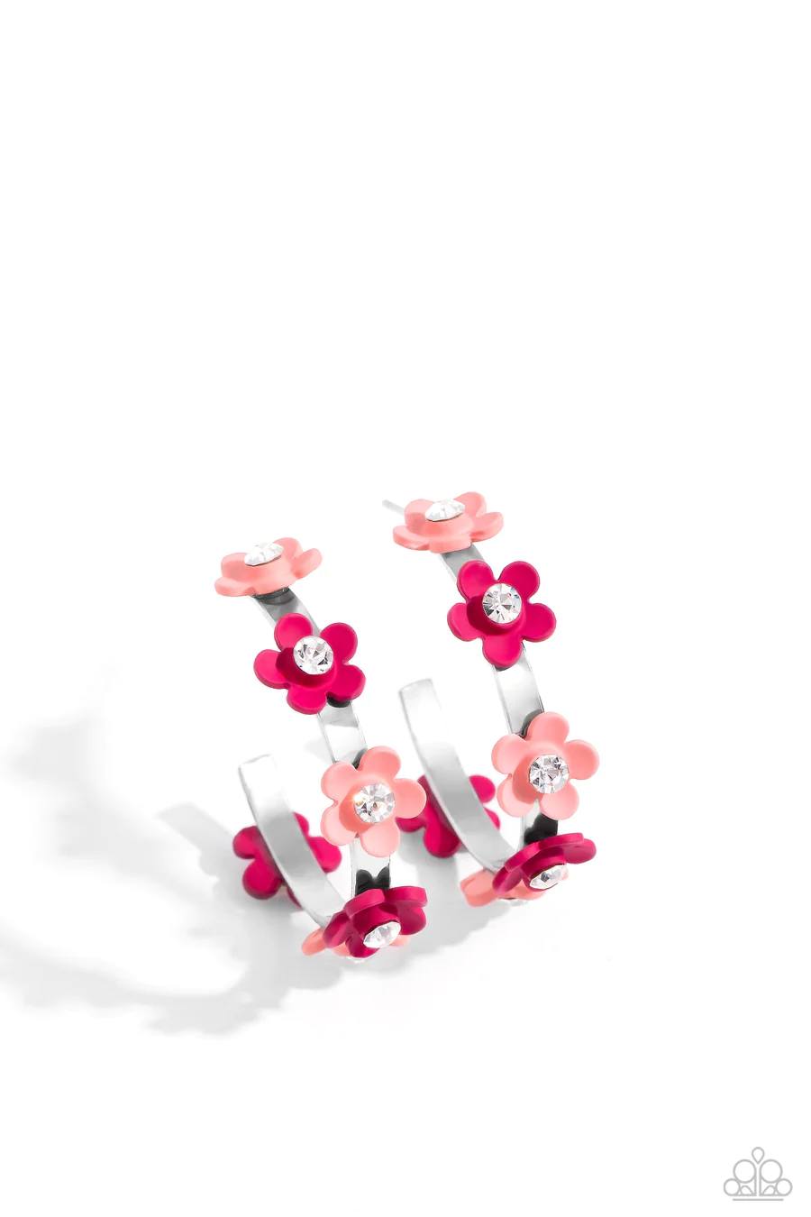 Strictly Springtime - Peach Pink and Pink Clay Flower White Hoop Post Earrings - Exclusive