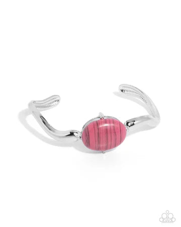 Striped Sensation - Pink Bead Silver Wavy Cuff Bracelet