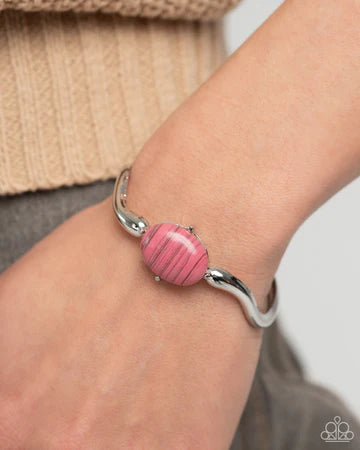 Striped Sensation - Pink Bead Silver Wavy Cuff Bracelet