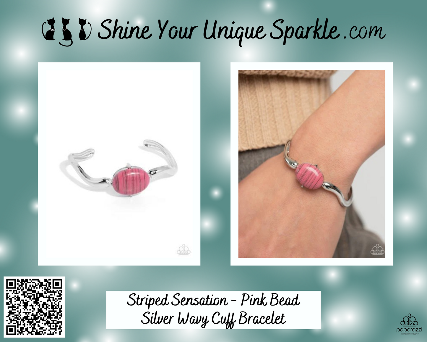 Striped Sensation - Pink Bead Silver Wavy Cuff Bracelet