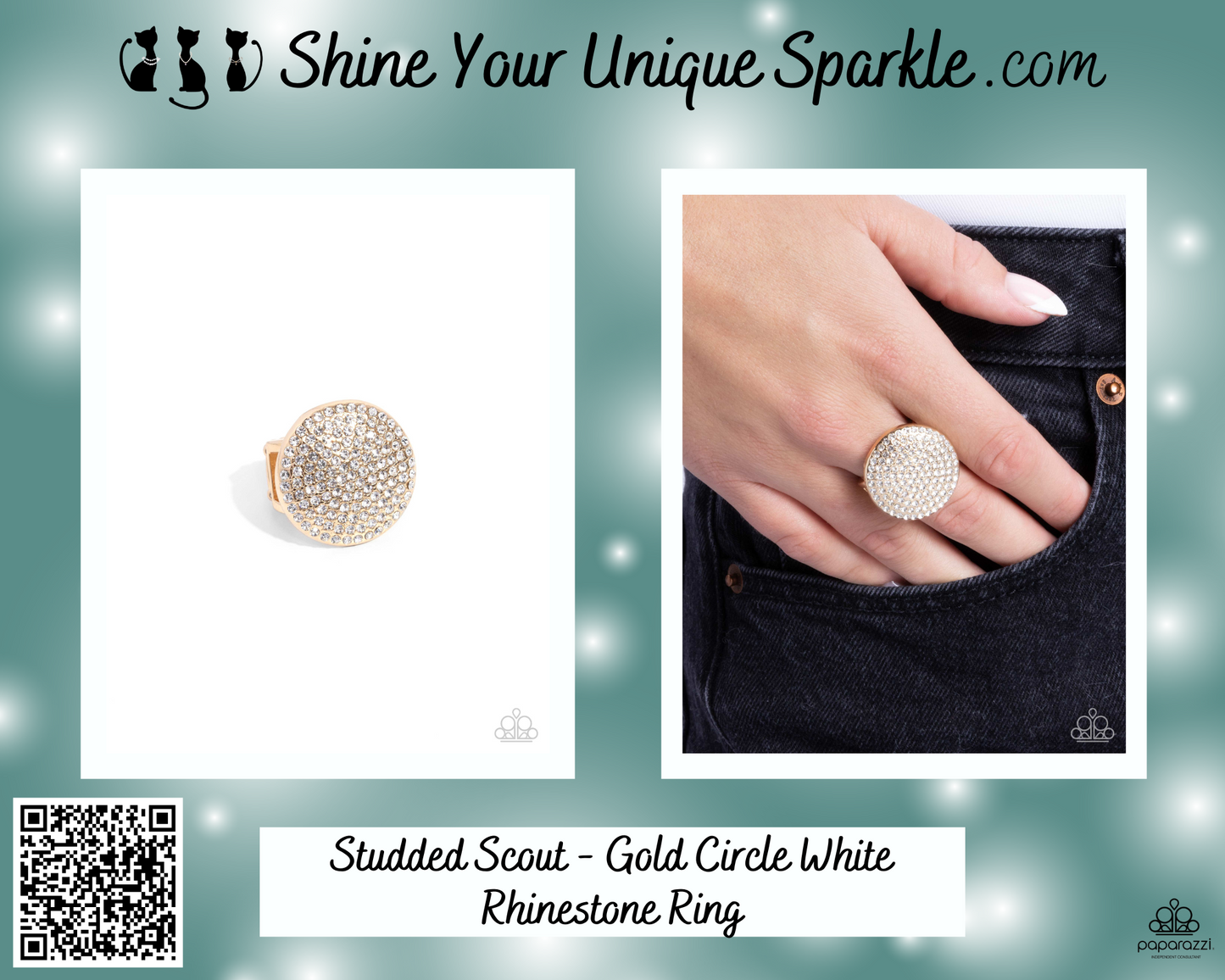 Studded Scout - Gold Circle White Rhinestone Ring