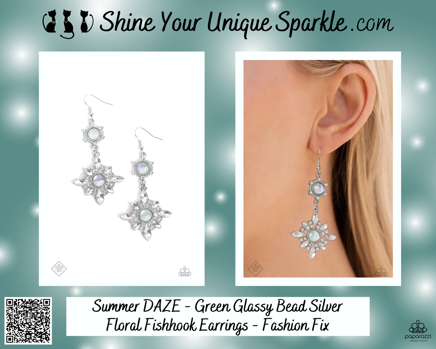 Summer DAZE - Green Glassy Bead Silver Floral Fishhook Earrings - Fashion Fix