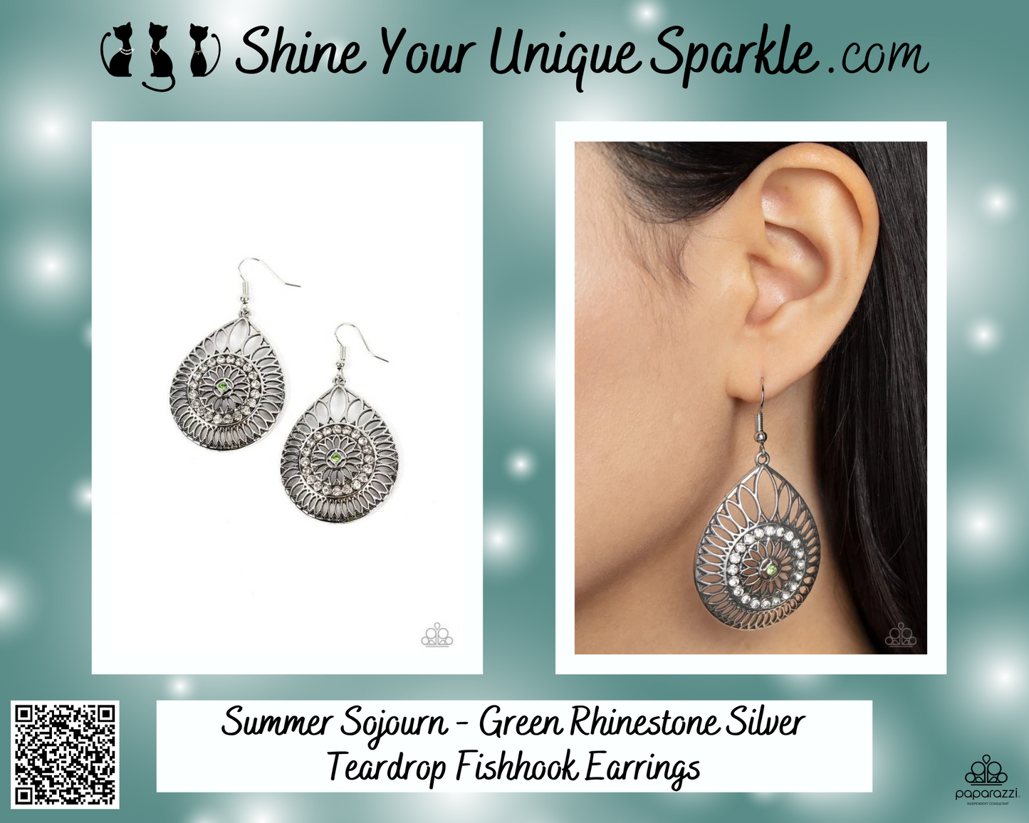 Summer Sojourn - Green Rhinestone Silver Teardrop Fishhook Earrings