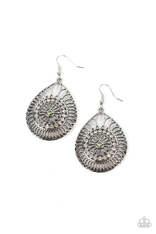 Summer Sojourn - Green Rhinestone Silver Teardrop Fishhook Earrings