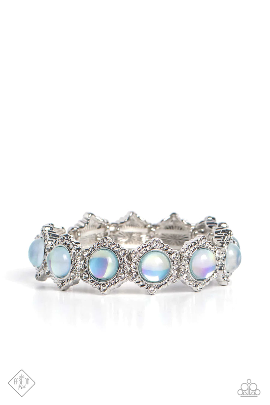 Summer Stupor - Green Glassy Bead Rhinestone Silver Stretchy Bracelet - Fashion Fix