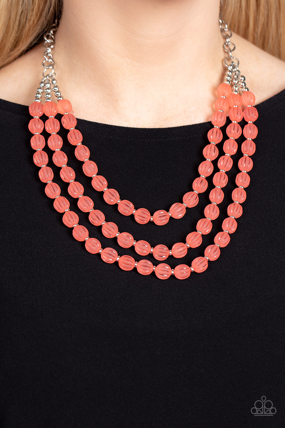 Summer Surprise - Orange Coral Bead Silver Short Layered Necklace