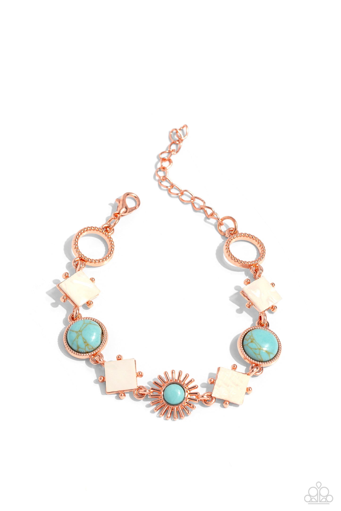 PERFECT MATCH / SET: Sunburst Style - Copper Frame White Shell Turquoise Blue Crackle Stone Short Pendant Necklace AND Sunburst Splendor - Copper Frame White Shell Turquoise Blue Crackle Stone Clasp Bracelet