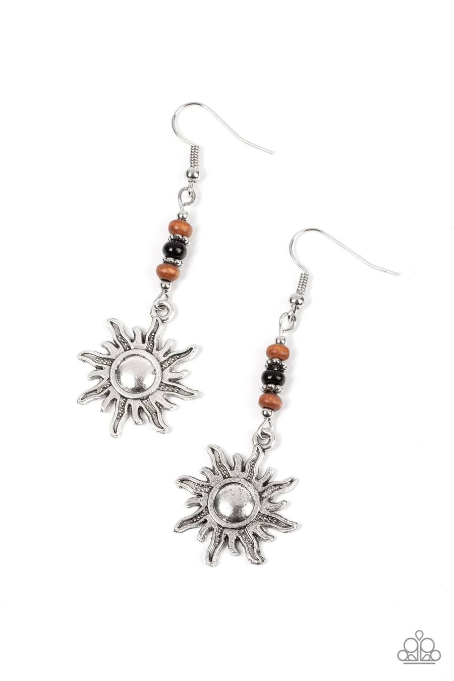 Sunshiny Days - Black Brown Wooden Beads Silver Fishhook Earrings