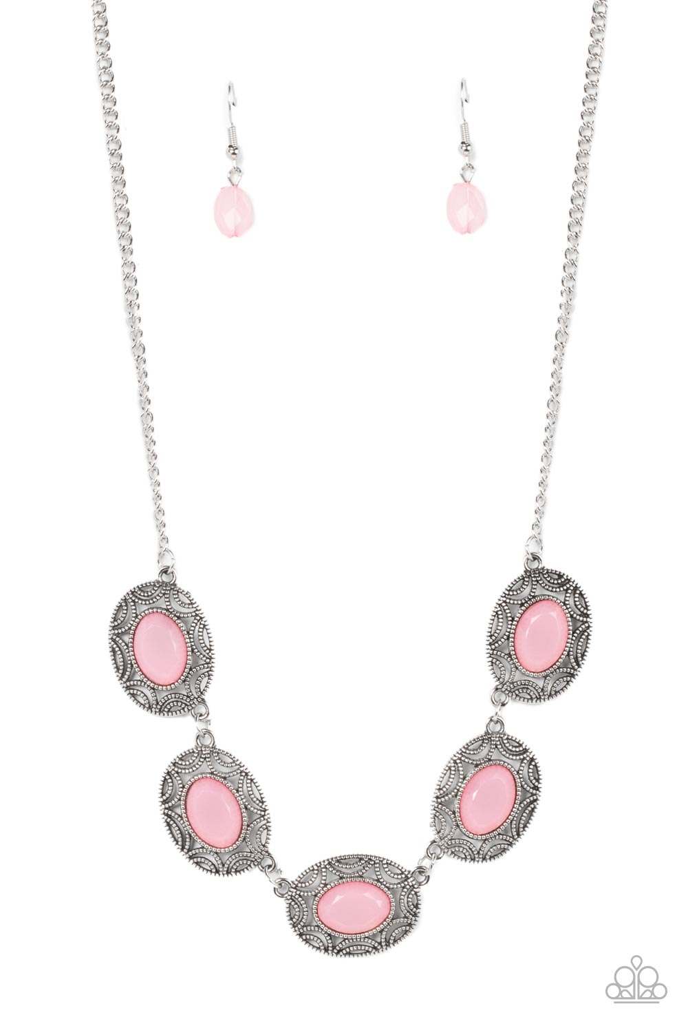 Sunshiny Shimmer - Pink Oval Beads with Sunburst Patterns Short Silver Necklace