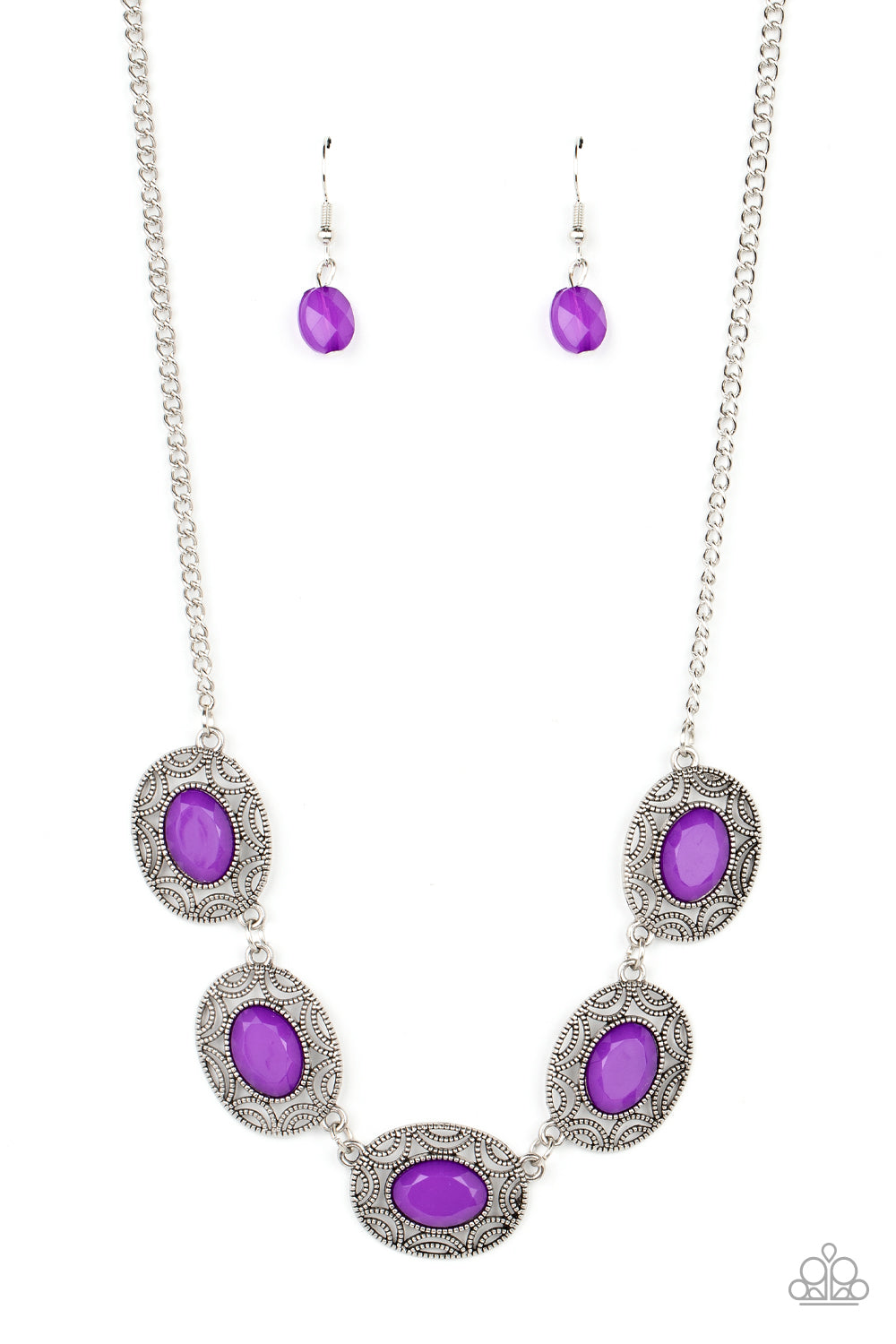 Sunshiny Shimmer - Purple Oval Beads with Sunburst Patterns Short Silver Necklace