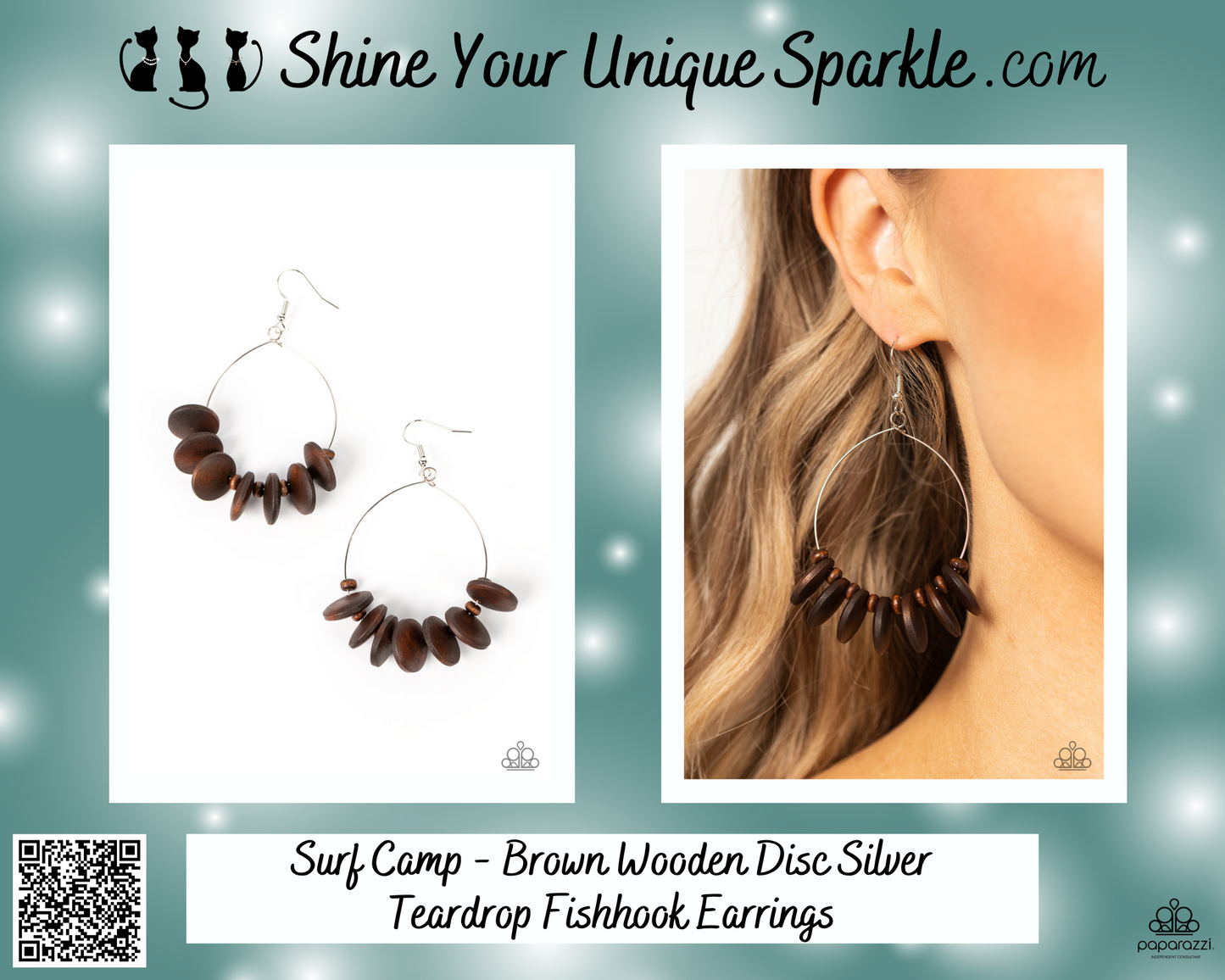 Surf Camp - Brown Wooden Disc Silver Teardrop Fishhook Earrings