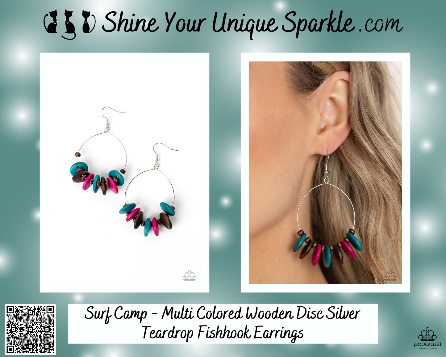 Surf Camp - Multi Colored Wooden Disc Silver Teardrop Fishhook Earrings