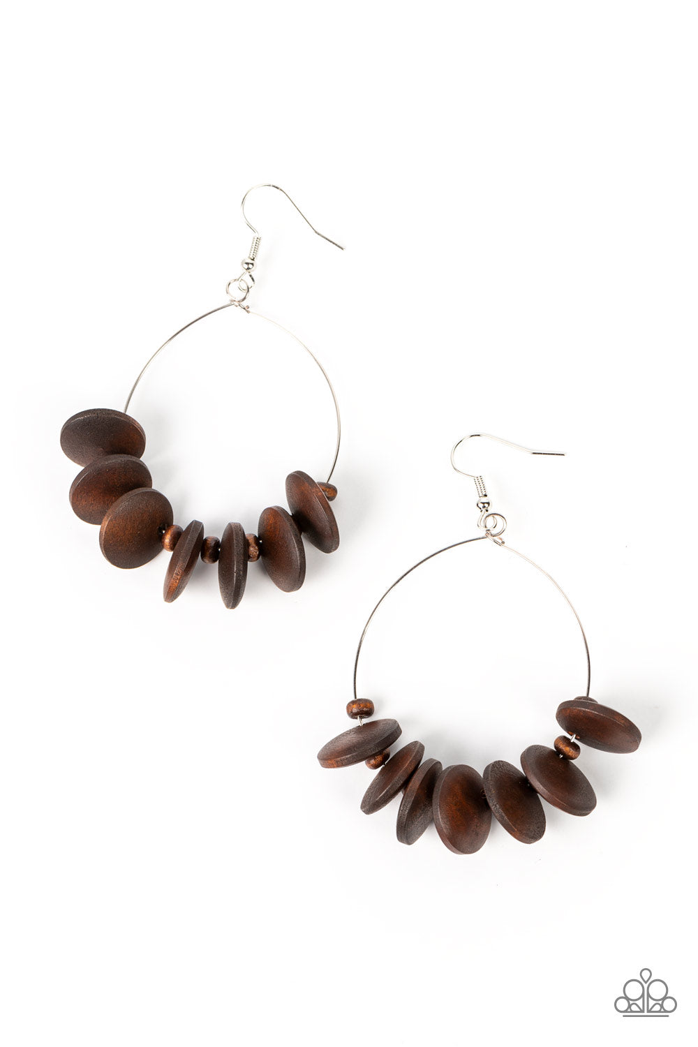 Surf Camp - Brown Wooden Disc Silver Teardrop Fishhook Earrings