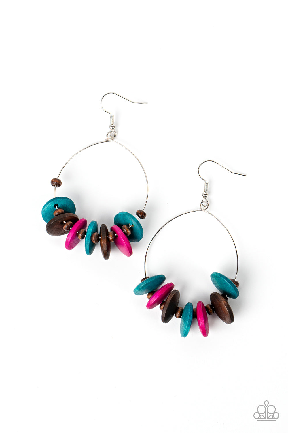 Surf Camp - Multi Colored Wooden Disc Silver Teardrop Fishhook Earrings