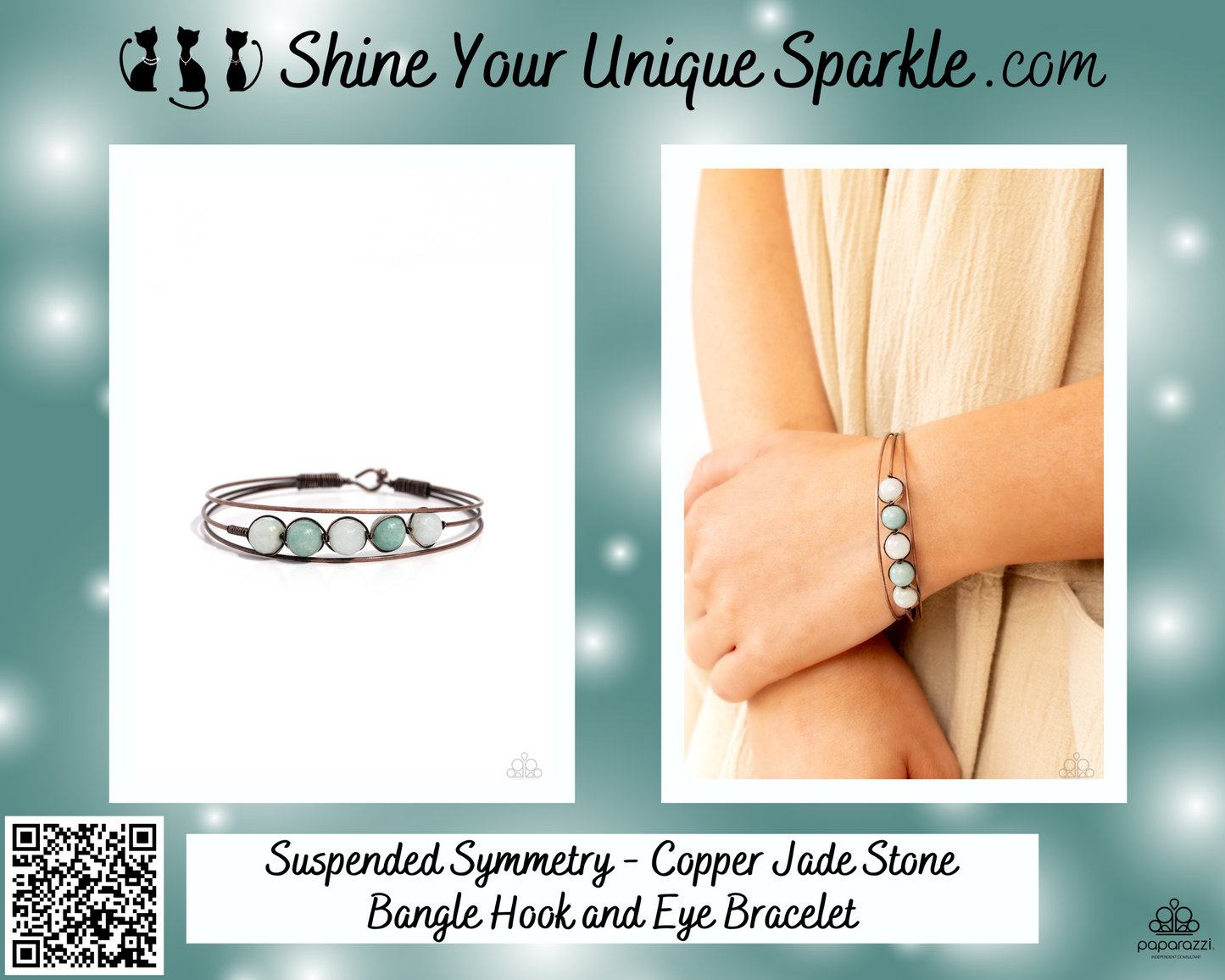 Suspended Symmetry - Copper Jade Stone Bangle Hook and Eye Bracelet
