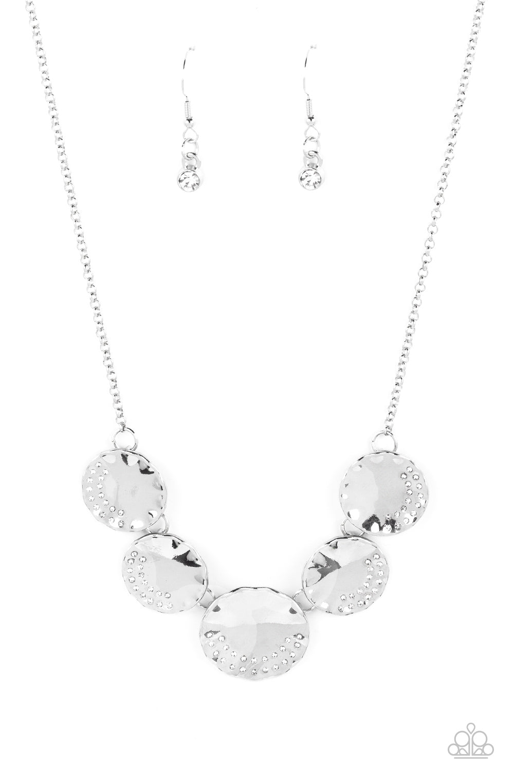 Swanky Shimmer - White Rhinestone Silver Disc Short Necklace