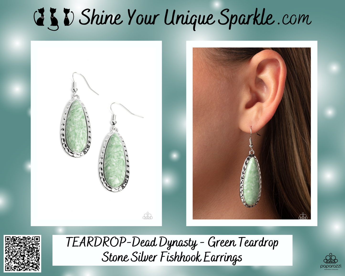 TEARDROP-Dead Dynasty - Green Teardrop Stone Silver Fishhook Earrings