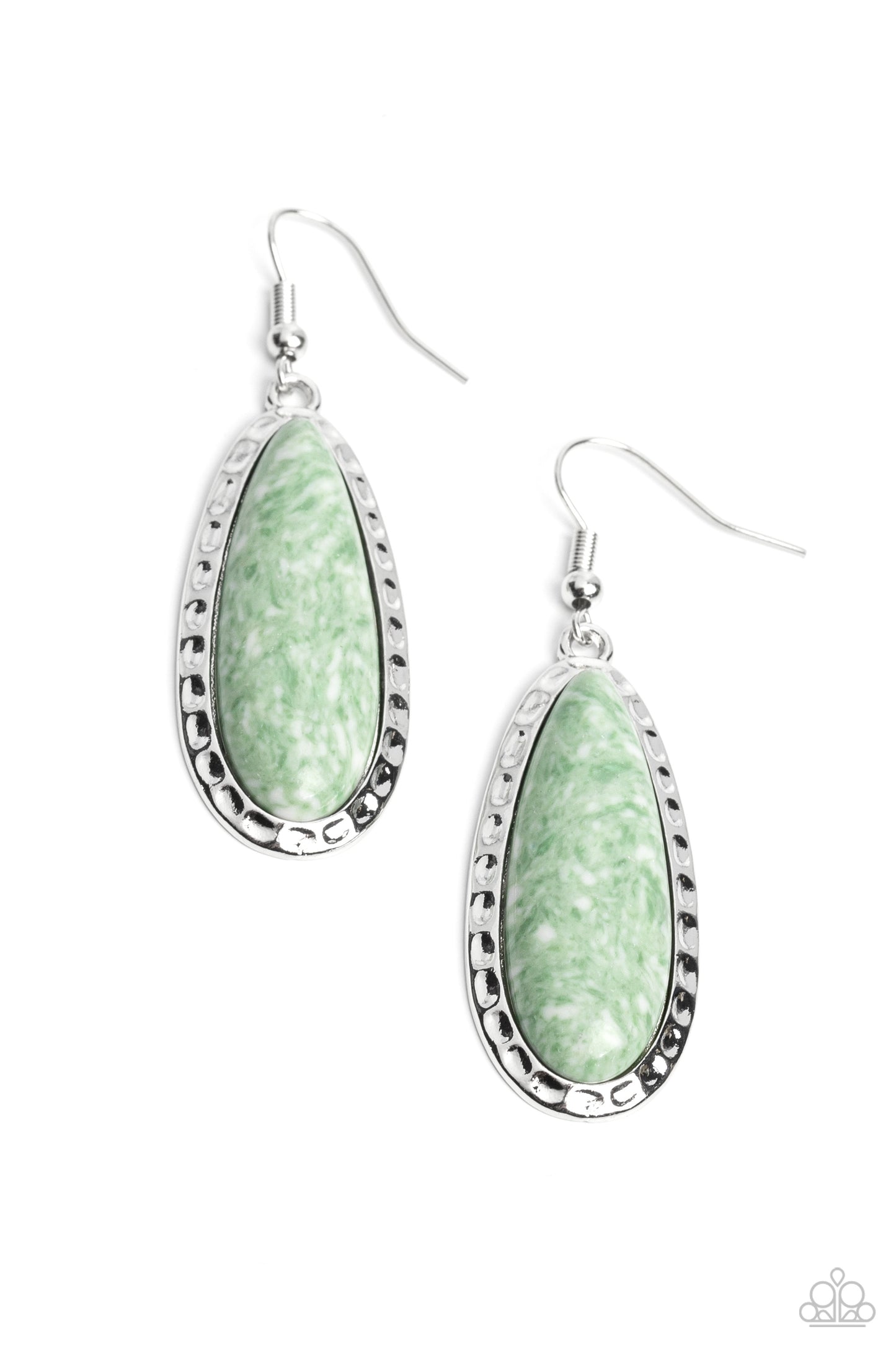 TEARDROP-Dead Dynasty - Green Teardrop Stone Silver Fishhook Earrings