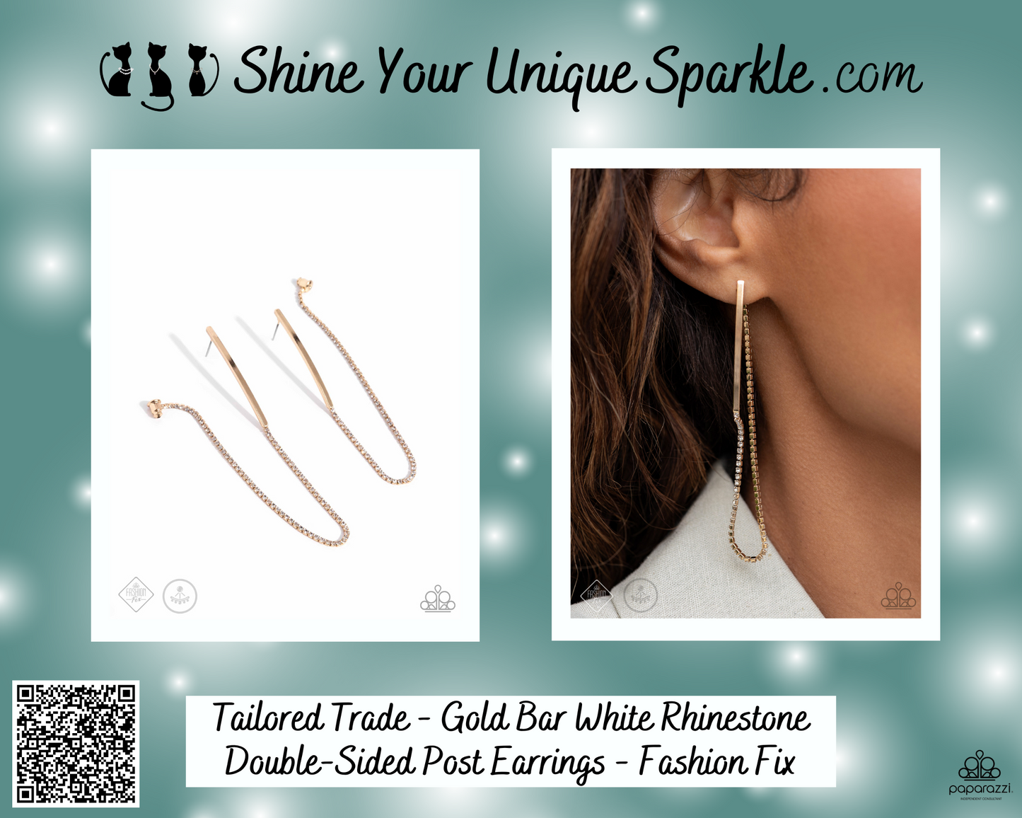 Tailored Trade - Gold Bar White Rhinestone Double-Sided Post Earrings - Fashion Fix