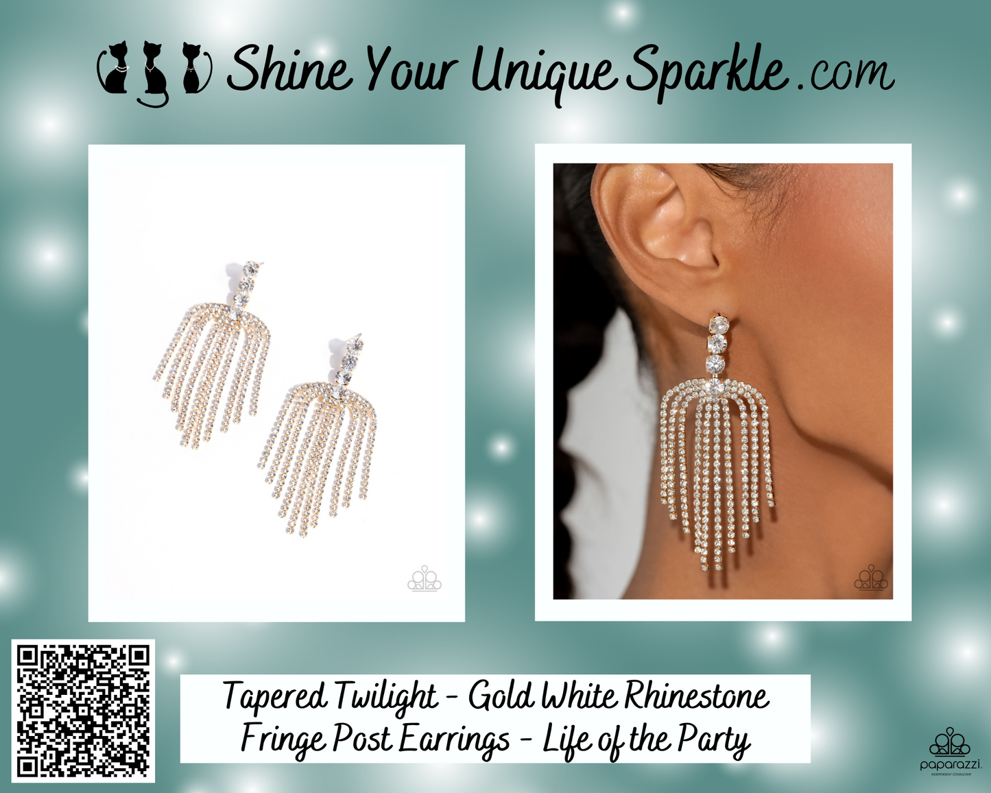 Tapered Twilight - Gold White Rhinestone Fringe Post Earrings - Life of the Party