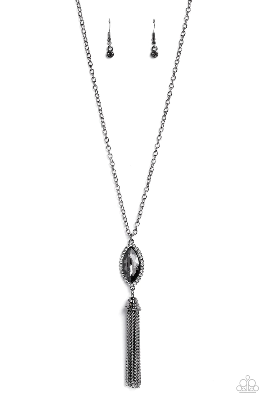 Tassel Tabloid - Black Gunmetal Tassel Smoky Gem Long Necklace
