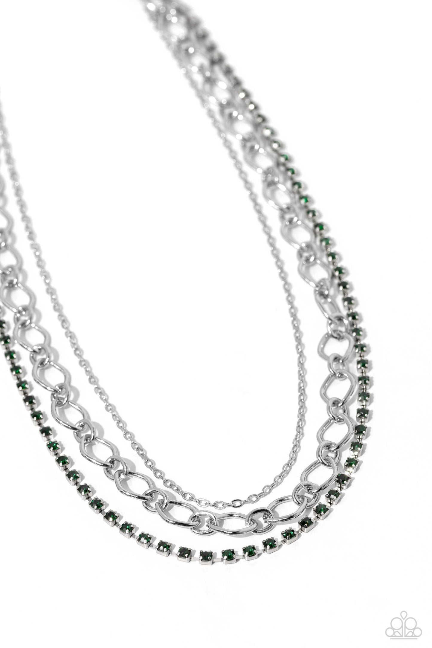 Tasteful Tiers - Green Rhinestone Silver Layered Short Necklace