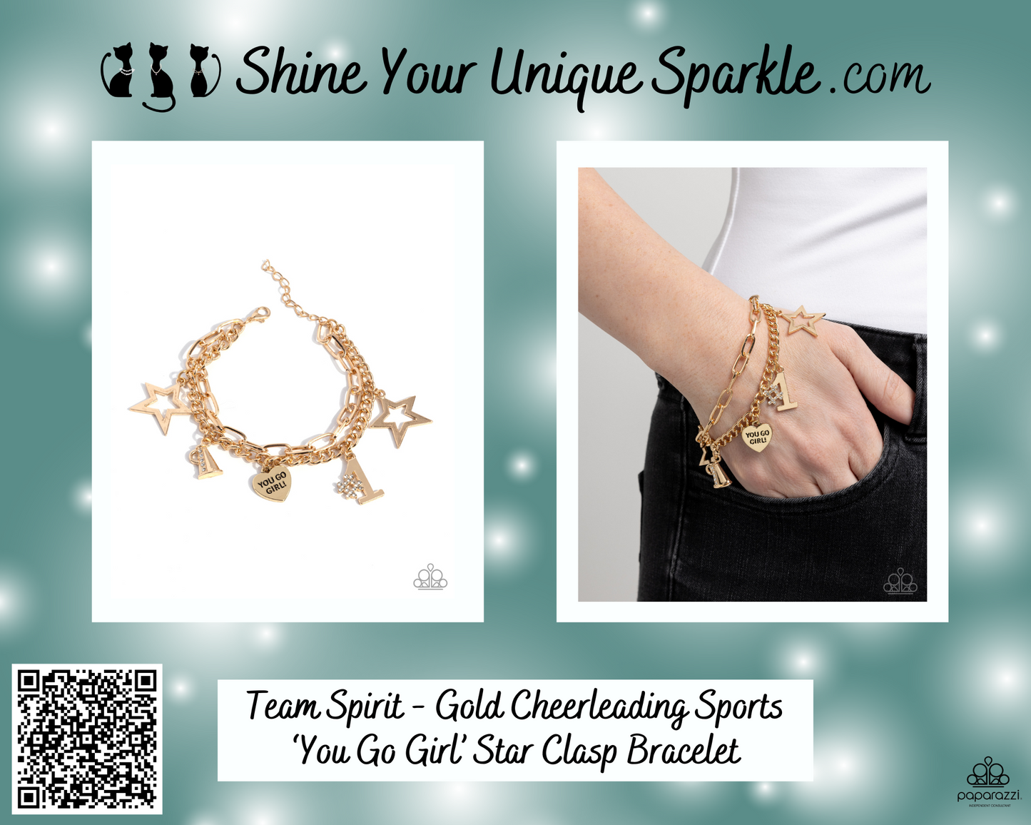 Team Spirit - Gold Cheerleading Sports 'You Go Girl' Star Clasp Bracelet