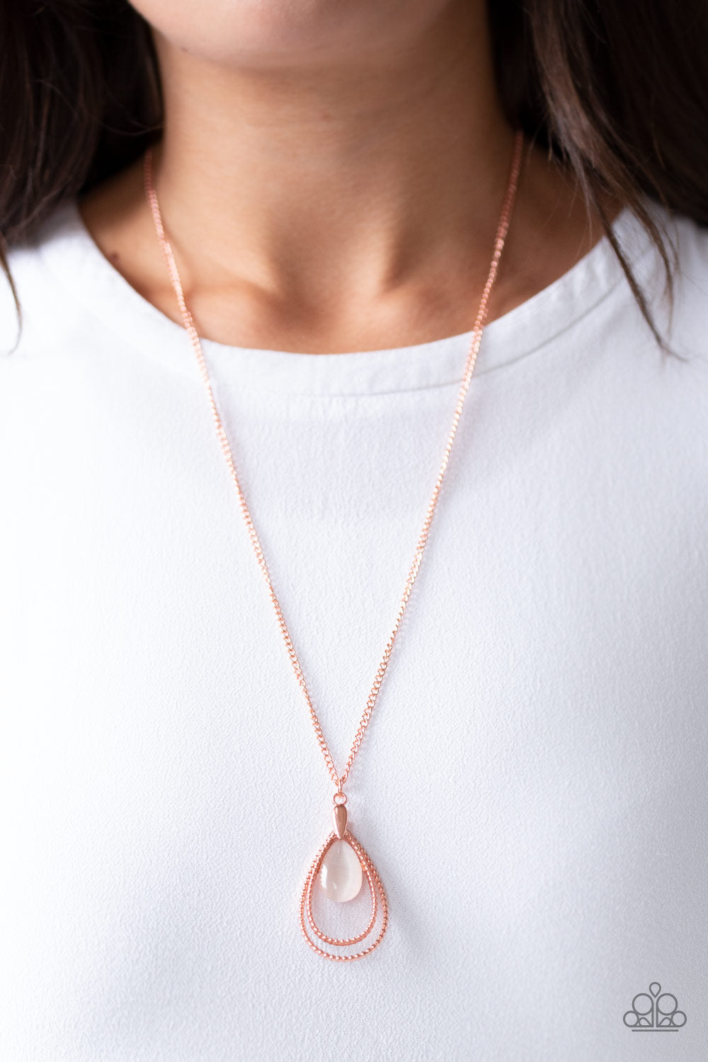 Teardrop Tranquility - Copper Teardrop with White Cat's Eye Pendant, Copper Medium Length Necklace