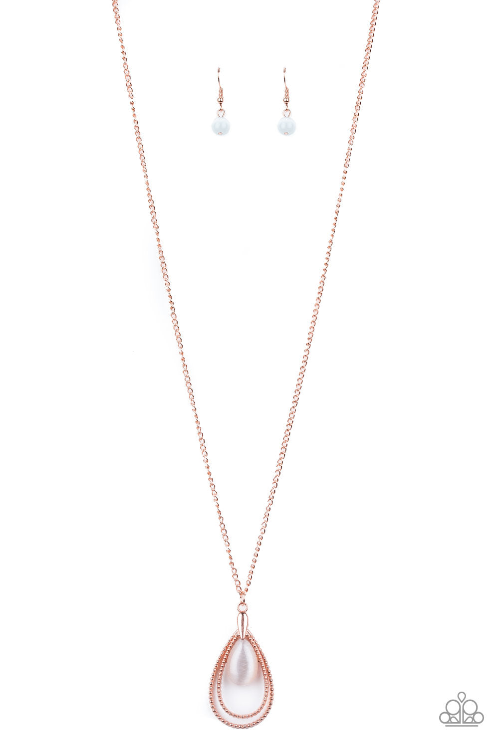 Teardrop Tranquility - Copper Teardrop with White Cat's Eye Pendant, Copper Medium Length Necklace