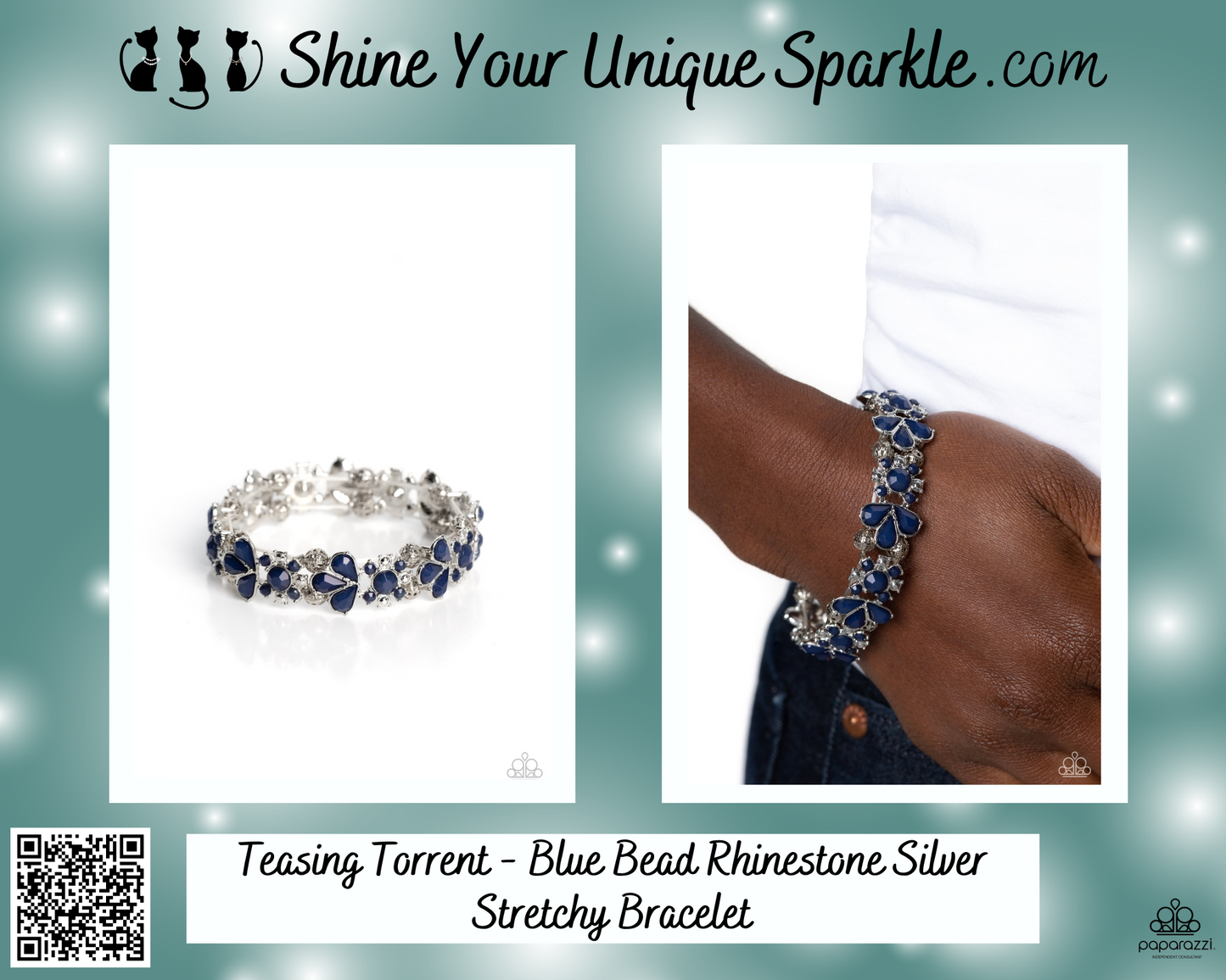 Teasing Torrent - Blue Bead Rhinestone Silver Stretchy Bracelet