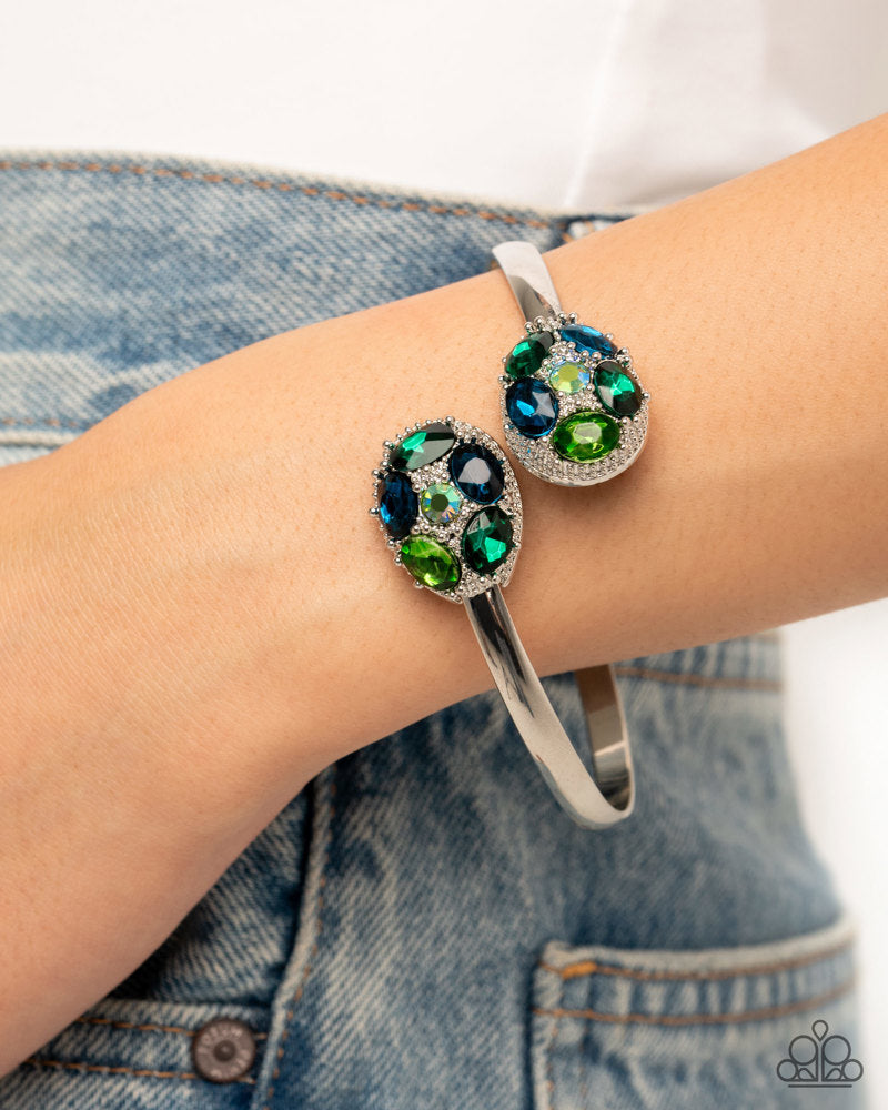 Telling Twinkle - Green and Blue Iridescent Gems Dot Cuff-Like Silver Bangle Bracelet - Pink Friday, Advent Calendar Exclusive
