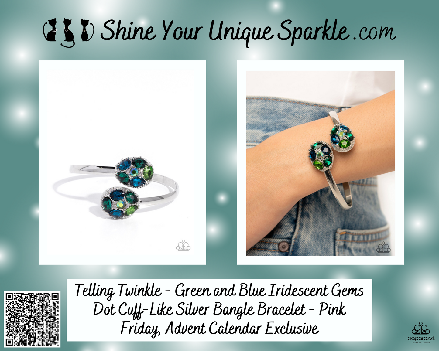 Telling Twinkle - Green and Blue Iridescent Gems Dot Cuff-Like Silver Bangle Bracelet - Pink Friday, Advent Calendar Exclusive