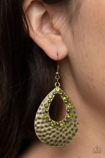 Terraform Twinkle - Green Rhinestone Brass Teardrop Fishhook Earrings