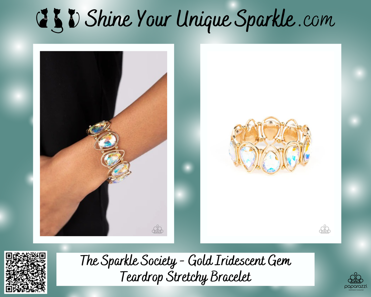 The Sparkle Society - Gold Iridescent Gem Teardrop Stretchy Bracelet