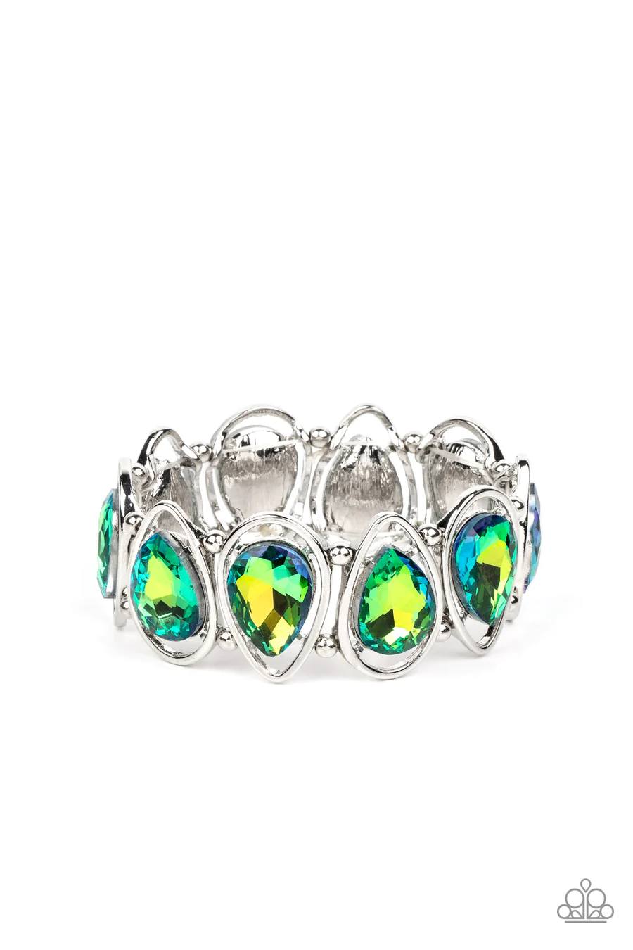 The Sparkle Society - Multi Blue and Green UV Shimmer Gem Silver Stretchy Bracelet - Life of the Party