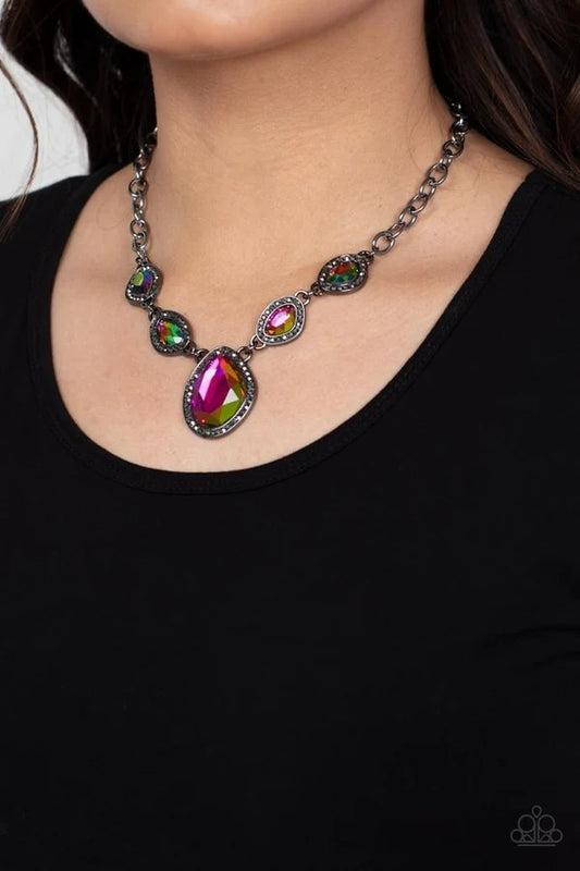 The Upper Echelon - Multi Oil Spill Gem Hematite Rhinestone Gunmetal Short Necklace