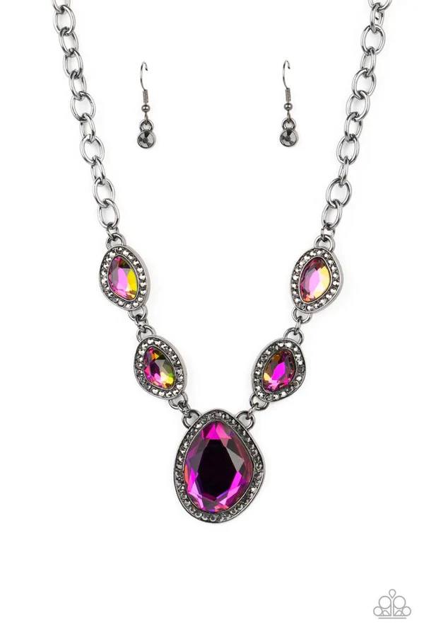 The Upper Echelon - Multi Oil Spill Gem Hematite Rhinestone Gunmetal Short Necklace