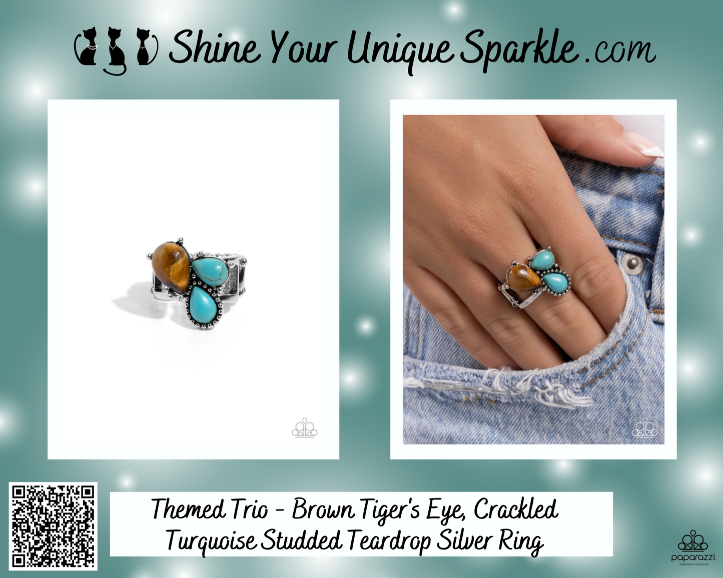 Themed Trio - Brown Tiger's Eye, Crackled Turquoise Studded Teardrop Silver Ring