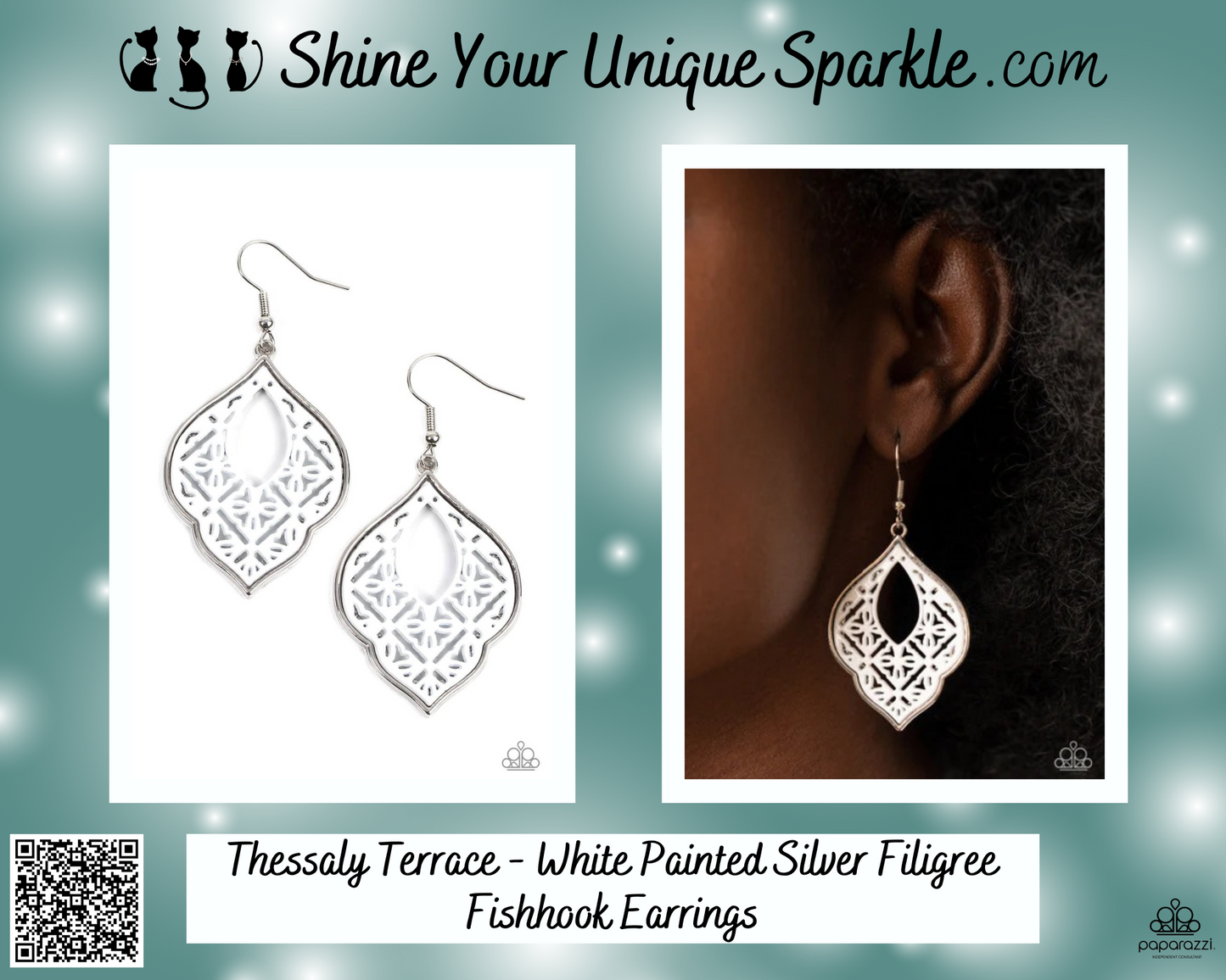 Thessaly Terrace - White Painted Silver Filigree Fishhook Earrings