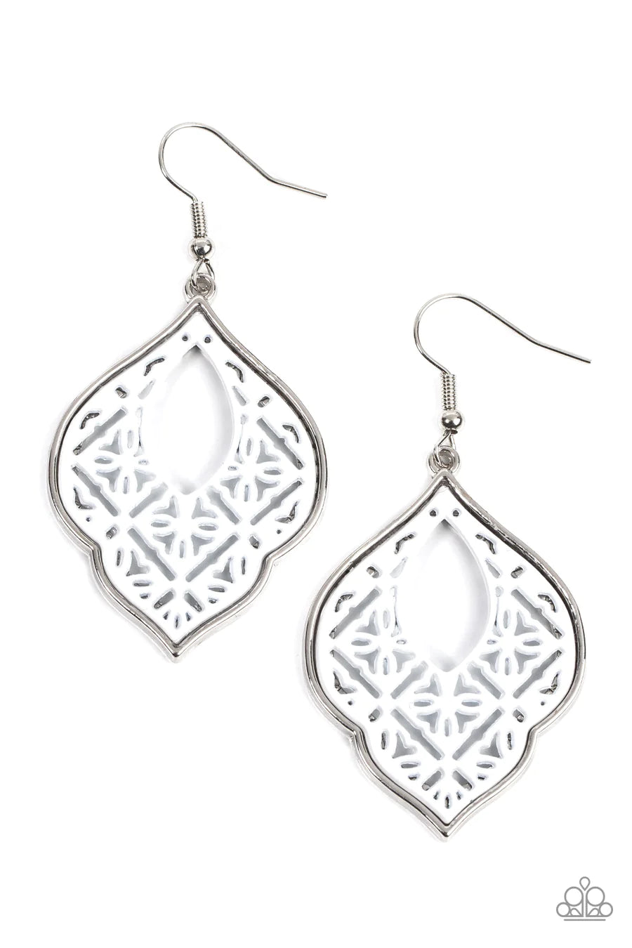 Thessaly Terrace - White Painted Silver Filigree Fishhook Earrings