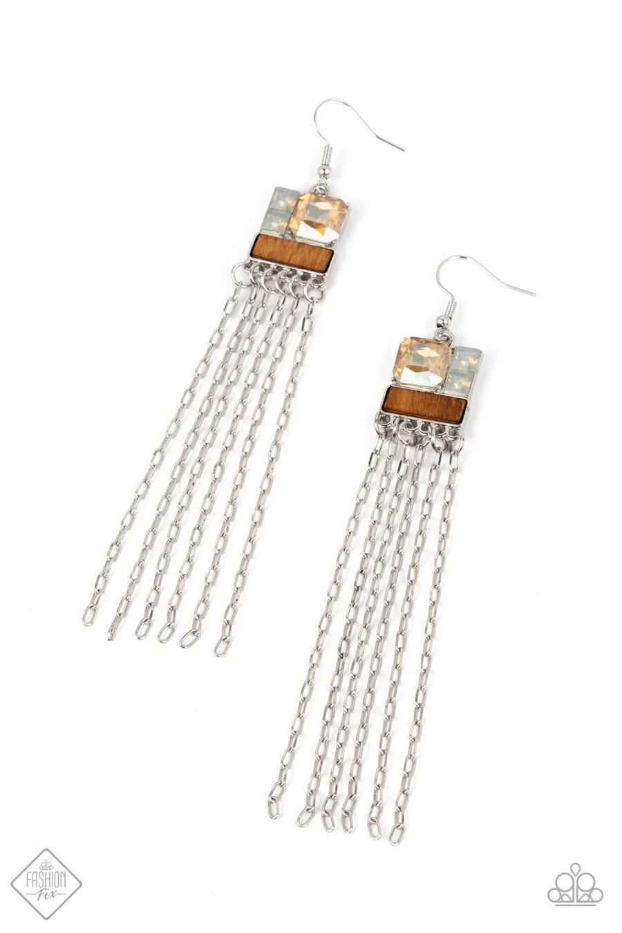 Thrift Shop Shimmer - Multi Peach Opalescent Gem Wood Silver Tassel Earrings - Fashion Fix