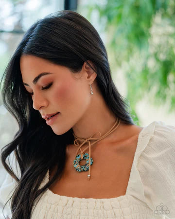 Tied Triumph - Brown Suede Leather Cord Turquoise Stone Long Necklace - 2023 Convention Exclusive