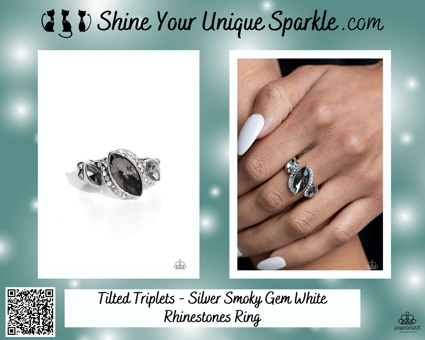 Tilted Triplets - Silver Smoky Gem White Rhinestones Ring