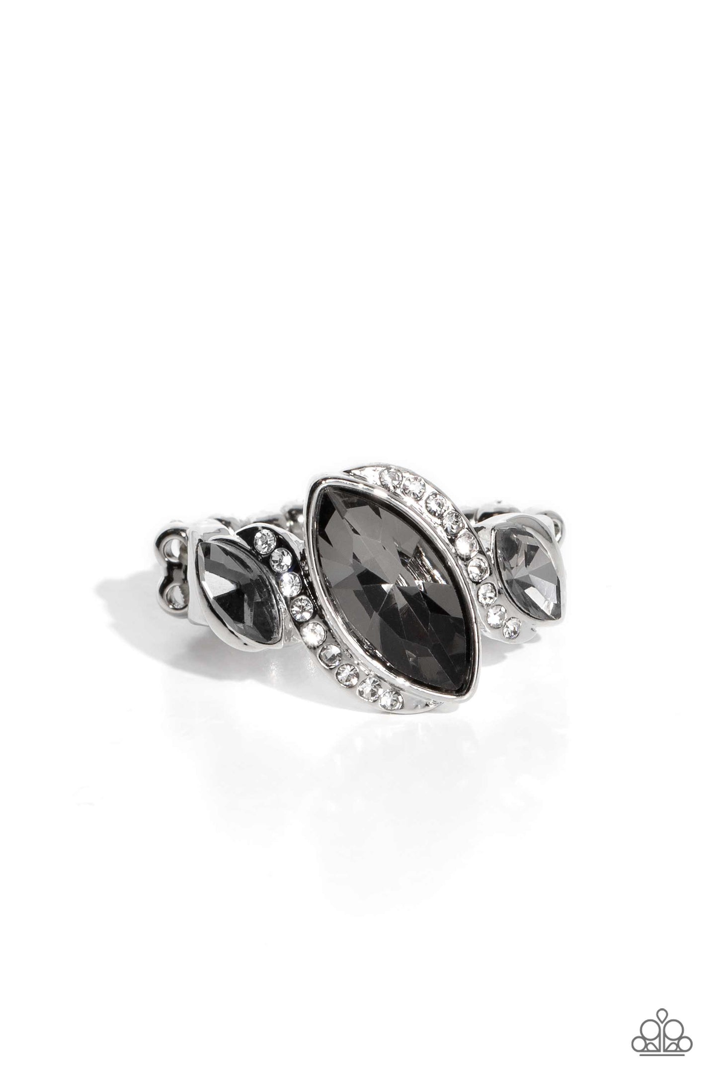 Tilted Triplets - Silver Smoky Gem White Rhinestones Ring