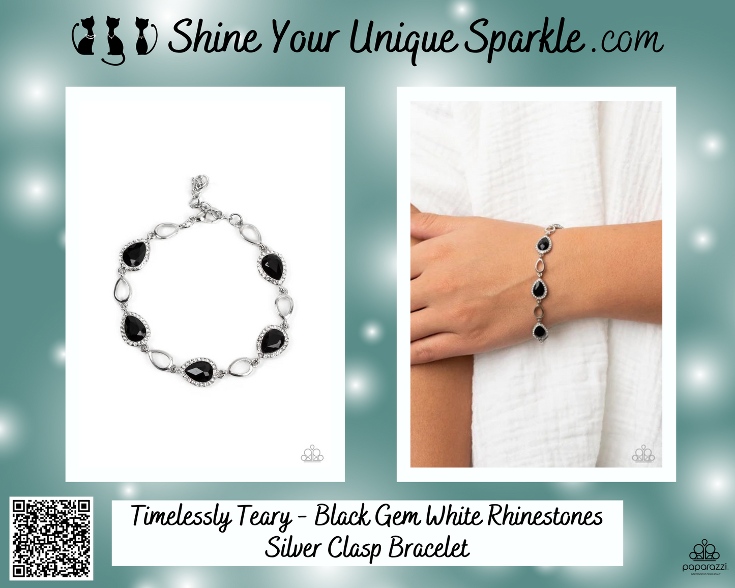 Timelessly Teary - Black Gem White Rhinestones Silver Clasp Bracelet