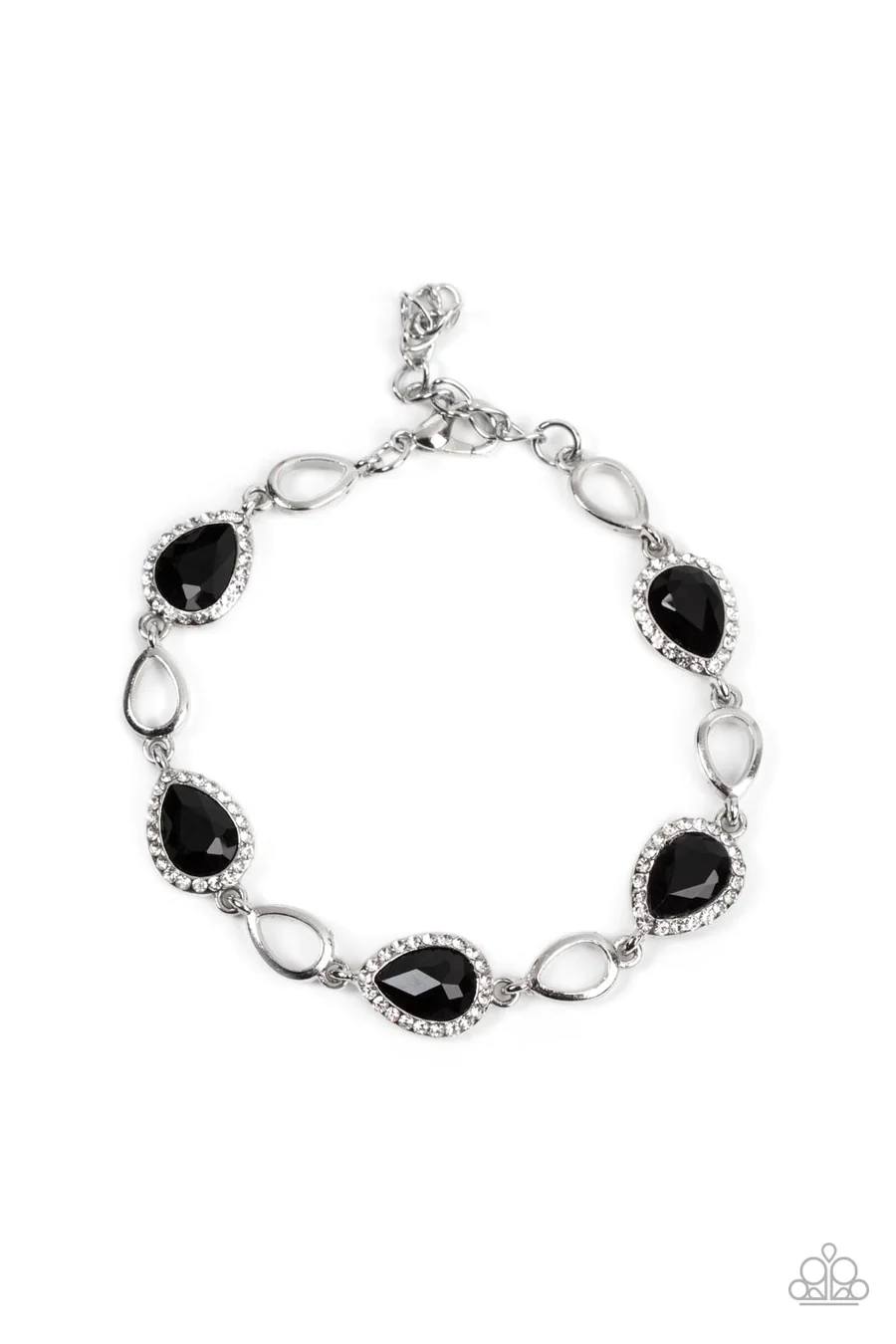 Timelessly Teary - Black Gem White Rhinestones Silver Clasp Bracelet